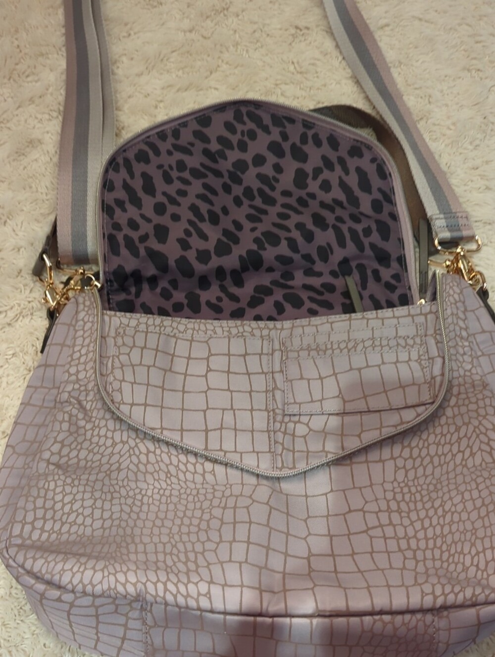 Stella & Dot Croc-Embossed Lavender Shoulder Bag with Leopard Lining